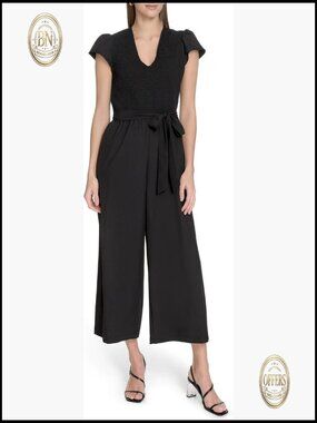 Stretch Polyester Spandex Jumpsuit with Self Tie Belt V Neck